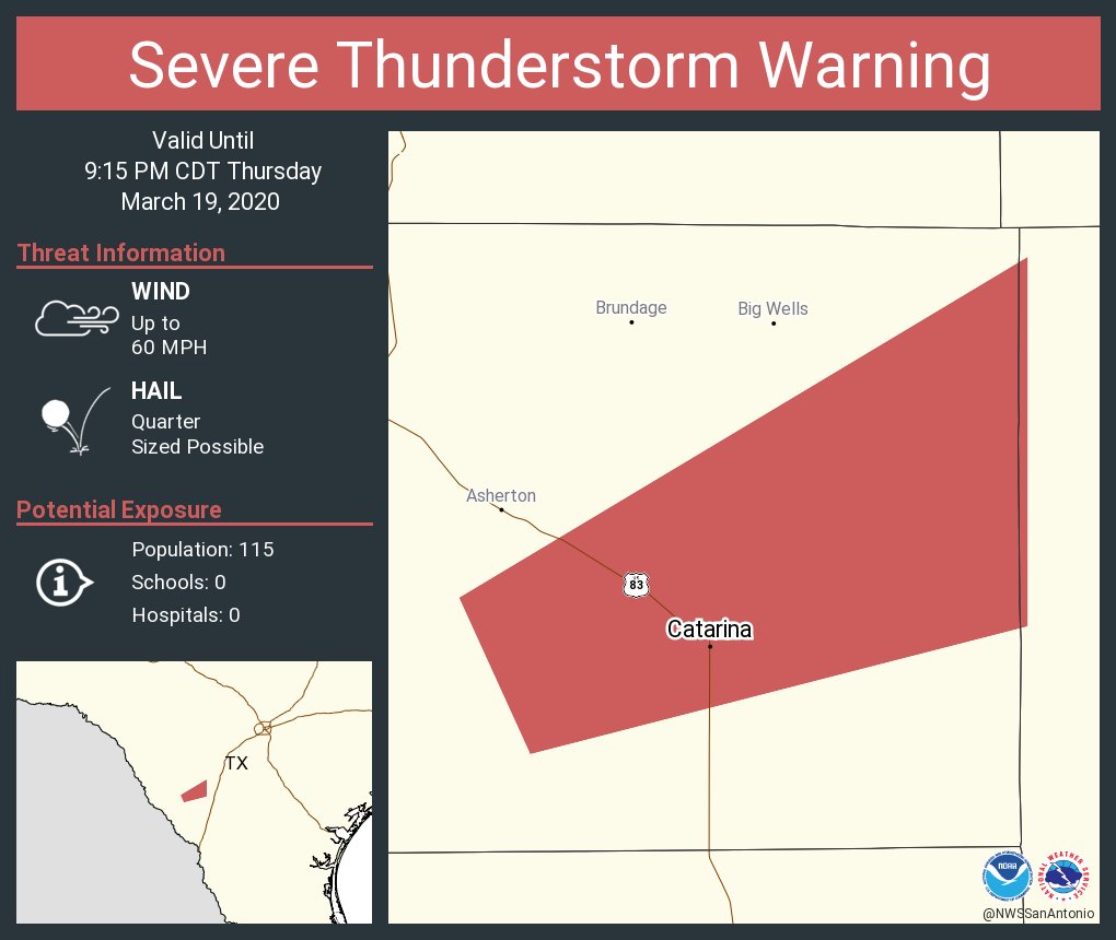 NWSSanAntonio's tweet image. Severe Thunderstorm Warning including Catarina TX until 9:15 PM CDT