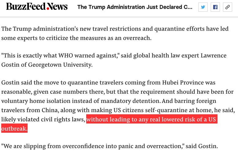 And I know, I know, it's  @BuzzFeed... but let's reflect on just how widespread this disinformation really was—that this “global health law expert” just couldn't help himself from slamming Trump and calling these measures an “overreaction”