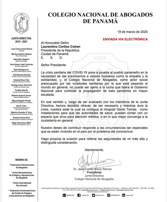 El Colegio Nacional de Abogados 
<a href="/PanamaCNA/">Colegio Nacional de Abogados</a> puso su sede a disposición del Gobierno y de uso del equipos médicos para enfrentar la crisis del #coronavirus #TReporta