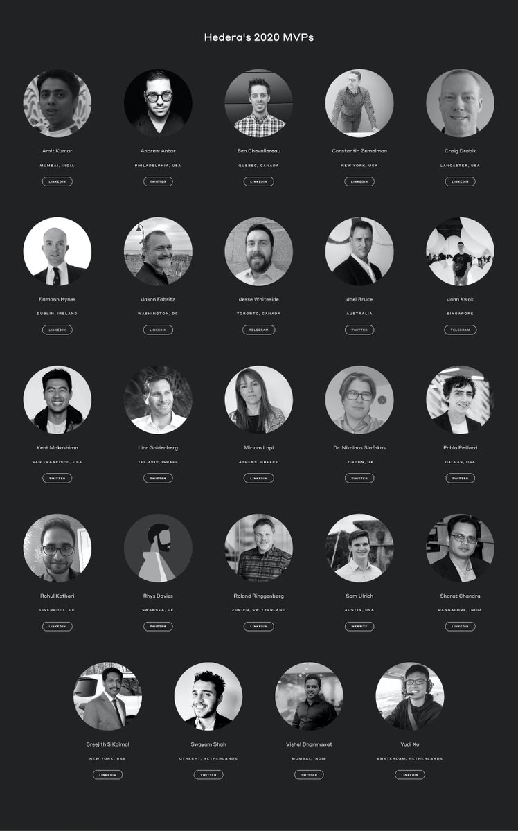 hedera's tweet photo. Announcing the 2020 Hedera MVPs! These individuals have gone above and beyond to help grow and educate the Hedera #Hashgraph community. Please join us in congratulating them 🎉  https://t.co/tW5mBCj2UR https://t.co/wlIwQrWqiy