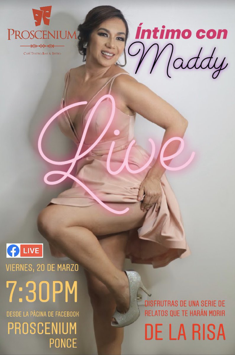 ProsceniumPonce's tweet photo. MAÑANA VIERNES!
No te puedes perder ÍNTIMO CON MADDY a través de Facebook Live. Ella te trae una serie de divertidos relatos inspirados en autores contemporáneos, que te harán morir de la risa. Mañana a las 7:30pm. Sintoniza ! 
#Proscenium #SeguimosAdelante #Hayquehacerteatro https://t.co/u50xsTX31a