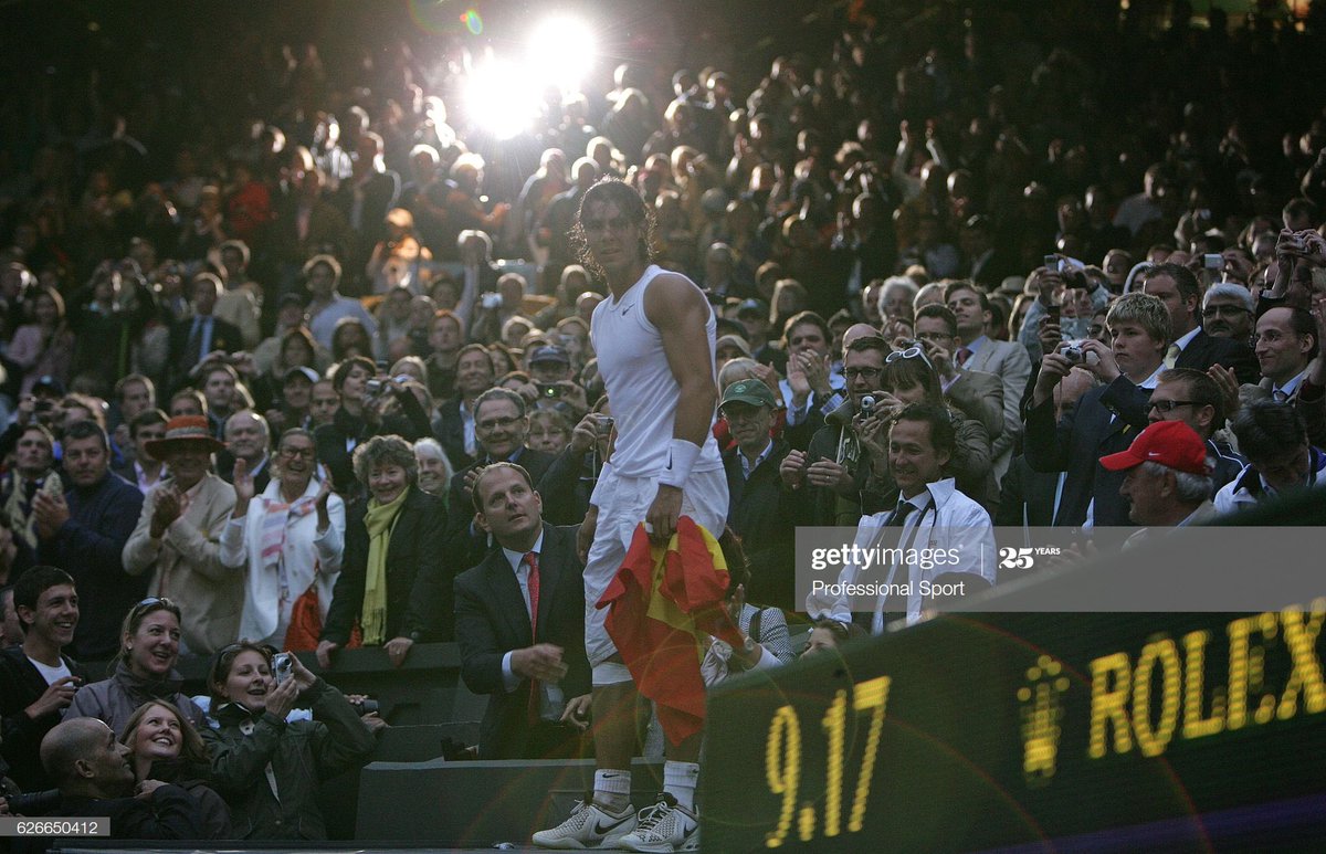 Arni_Abd's tweet image. Rafa Nadal winning Wimbledon 2008. Nobody in the crowd using iPhone. Most admired this close up encounter with their sight etched forever in memories, and a handful using compact cameras. Source of lighting was 2 flashes of cameras in the background. It was dark when match ended