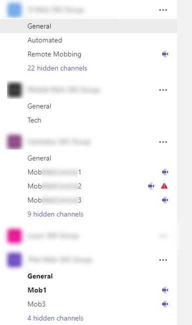 ChristophLucian's tweet photo. Remote #MobProgramming seems to be made much easier with MS Teams. Video calls by channel you can pop in and out of are available. Its like walking around the office and saying hi to each mob easily. https://t.co/uT6tDVplfY