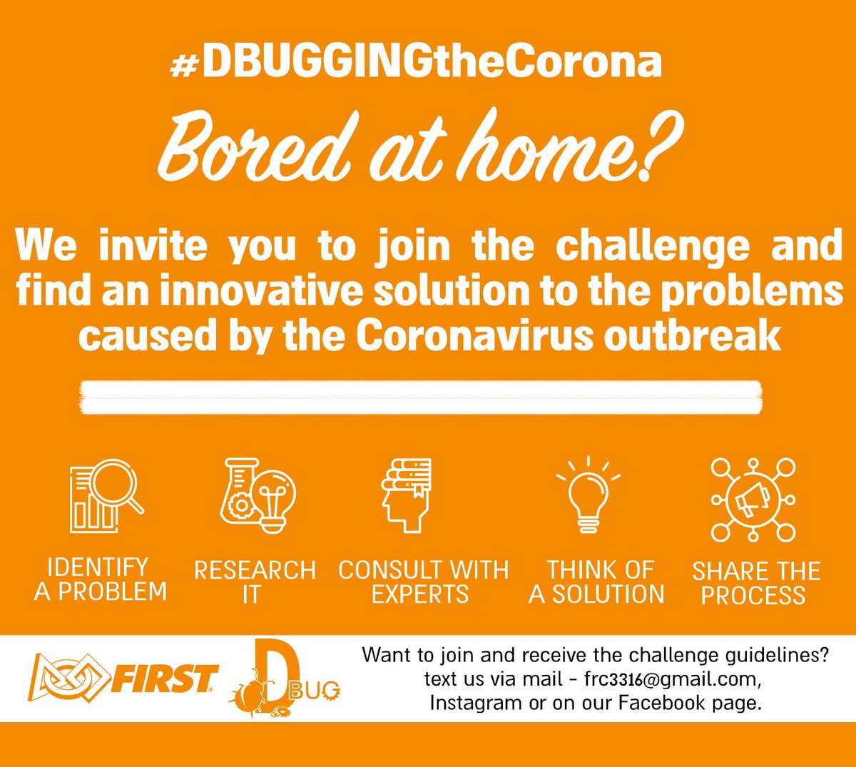 aviela's tweet photo. Team D-Bug #3316 believe that the FIRST community, can have a significant part in solving the problem the entire world is facing these days. FIRST teams can register here - https://t.co/4ijzed3SAu
@FIRSTweets @firstlegoleague @FLLUK #iinventbecause #globalinnovationAward https://t.co/wl0yen6UTq
