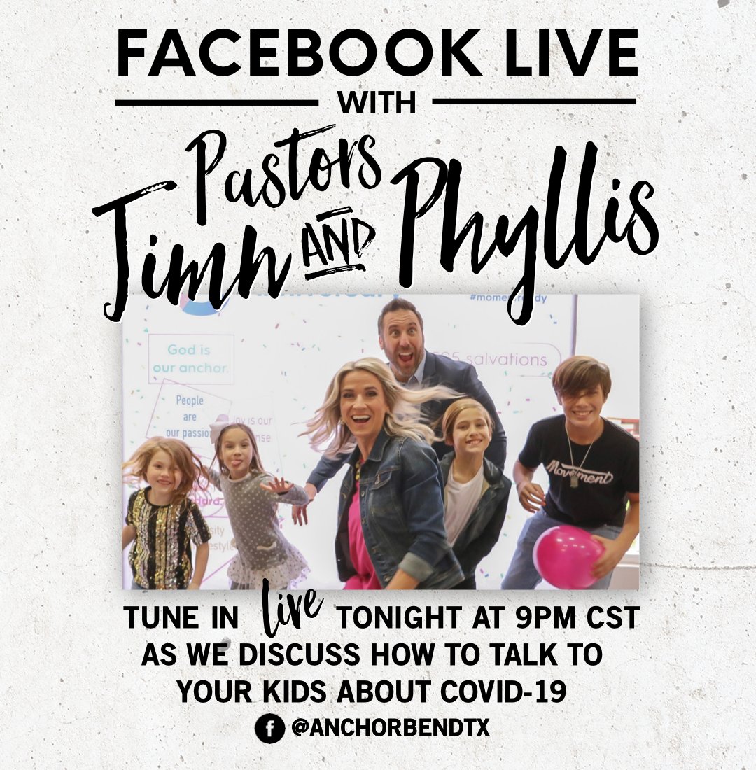 AnchorBendTX's tweet photo. Hey all! Join us tonight at 9 PM on Facebook Live as we hear a word from our Pastors Jimn, Phyllis and their family! We will get to discuss how you can talk to your kids about the Coronavirus. This will be interesting! You don’t want to miss it! https://t.co/G1DJNvZTdG https://t.co/Fk68lHSO02