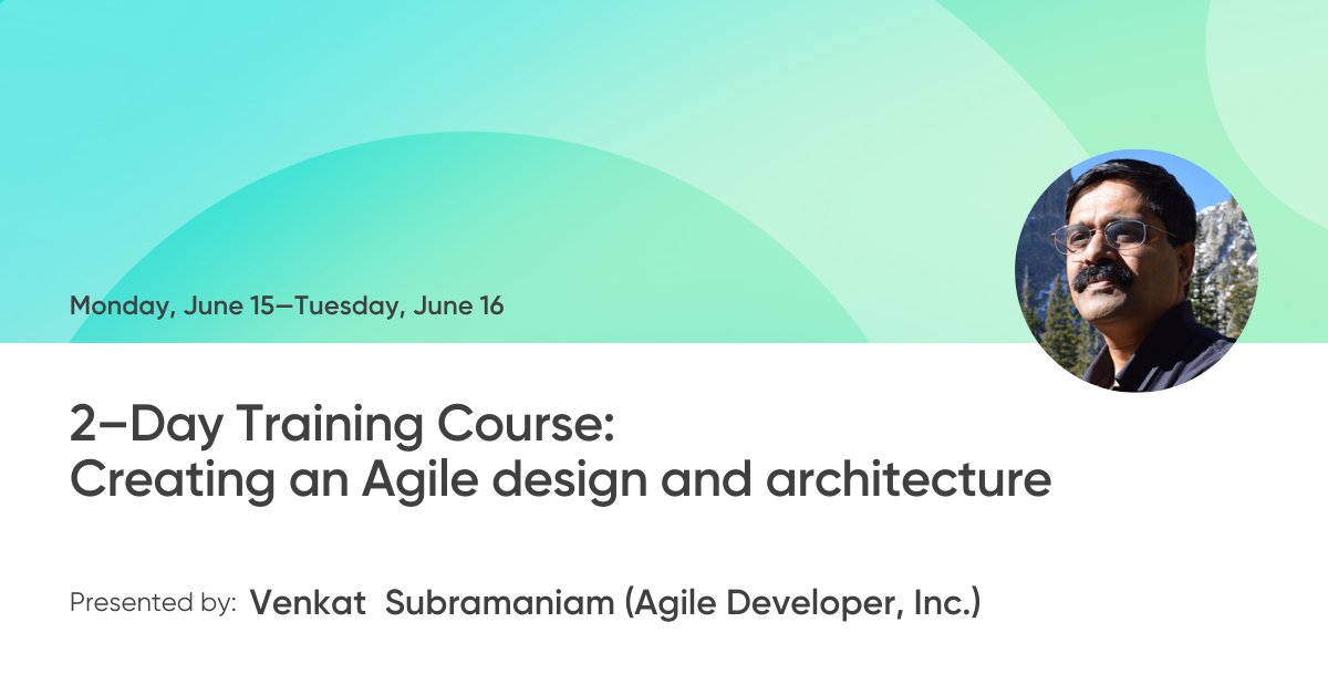 SoftwareArchitecture (@oreillysacon) on Twitter photo In his 2-day training at #OReillySACon in CA, <a href="/venkat_s/">Venkat Subramaniam</a> shows you how to create "good enough" design to sustain the pace of agility. Instead of talking theory, you’ll go hands-on, realizing design ideas in code by way of labs. Learn more. oreil.ly/zDZdY In his 2-day training at #OReillySACon in CA, <a href="/venkat_s/">Venkat Subramaniam</a> shows you how to create "good enough" design to sustain the pace of agility. Instead of talking theory, you’ll go hands-on, realizing design ideas in code by way of labs. Learn more. oreil.ly/zDZdY