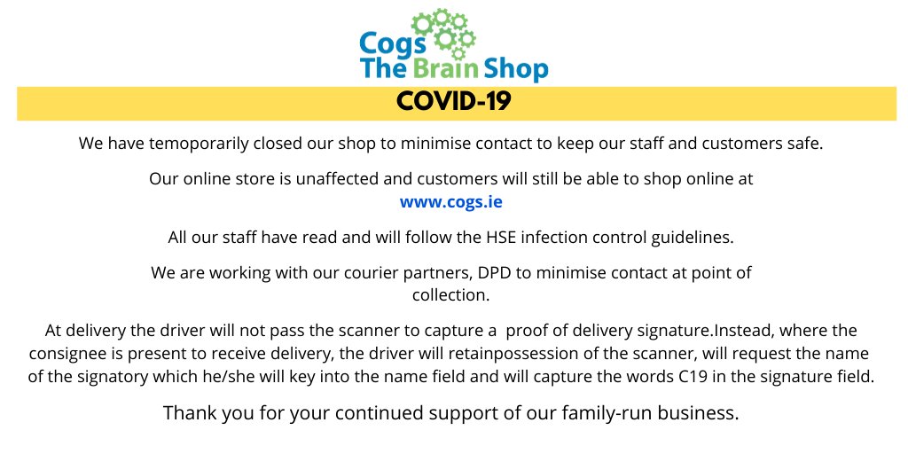 CogsBrainShop's tweet image. We have temporarily closed our shop to minimise contact and keep our staff and customers safe.
Our online store is unaffected and customers will still be able to shop online at cogs.ie 

Thank you for your support of our family-run business.
#shoplocal #covid19ire