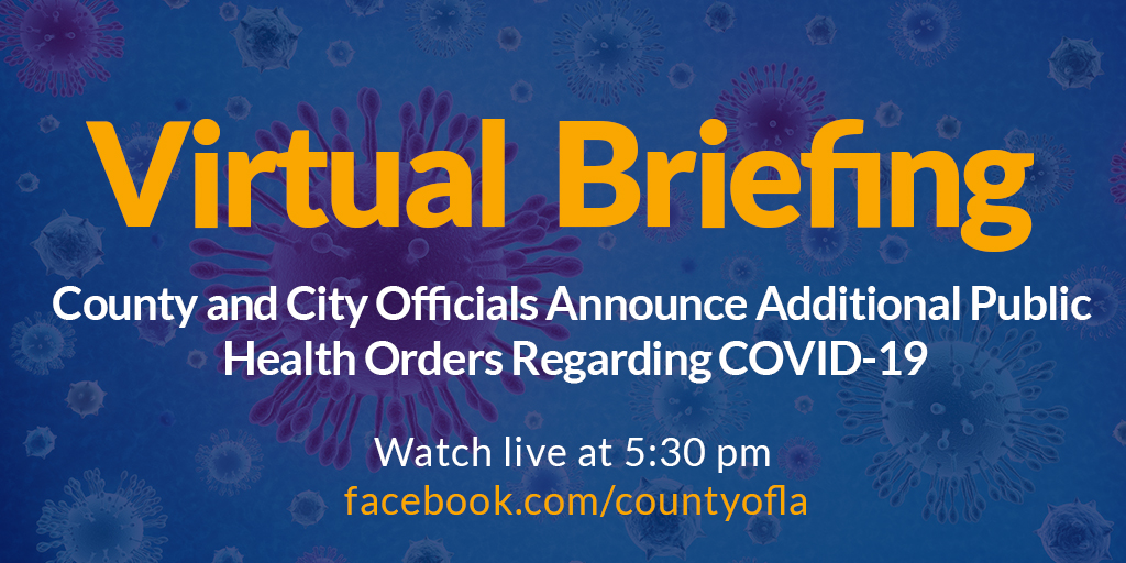 CountyofLA's tweet image. **Press Conference today at 5:30 pm**

Local officials will announce additional public health orders regarding #COVID19.

Watch live at facebook.com/countyofla
