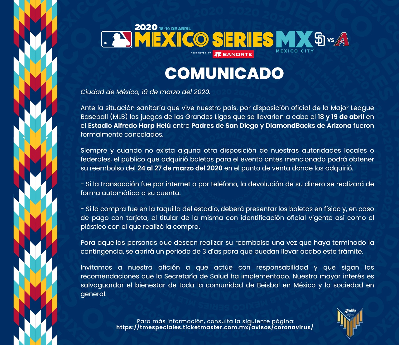 Reembolso de boletos Mexico Series 2020, MLB en México (Grandes Ligas)