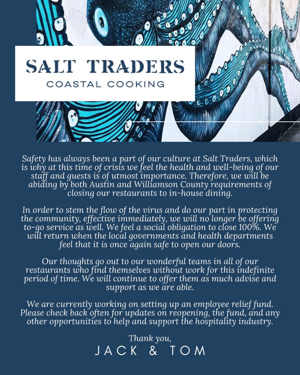 This very difficult decision has been made in order to protect our staff &amp; guests that we love. Please know we will be back doing what we do as soon as it is safe again to open doors! Stay posted ⚓️
-
-
#InThisTogether #BeSafe #BeWell #BeStrong #Family #Friends #Community #ATX