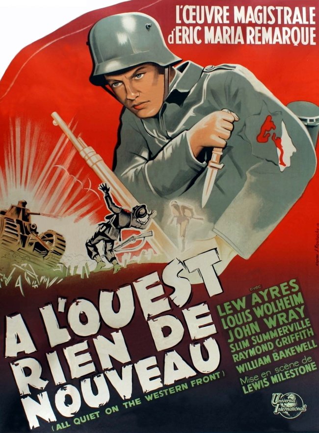 [1930] A l'Ouest rien de nouveau- Drame et guerre - Américain -Film le plus vieux que j'ai pu voir, ça fait bizarre de se dire que ça parle de la 1ere guerre mondiale alors que la deuxième arriva 9 ans plus tard. Ça rend les pleurs et les peurs des soldats beaucoup plus vrais.