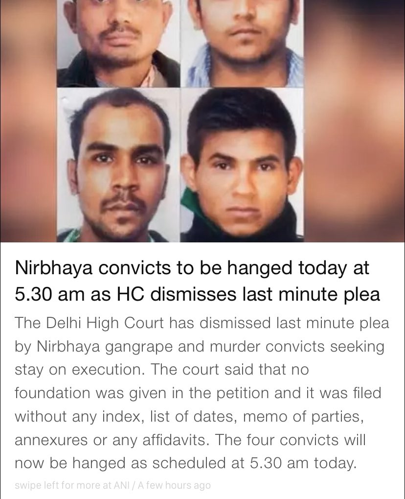 biradar_madival's tweet photo. Finally Time arrived to finishes the viruses at 5.30 in #thihar jail   ,  karma will always gave what we done.. 
Great applauded to the justice of india  #NirbhayaCase
#NirbhayaVerdict 
#nirbhayaconvicts 
#nirbhayabetrayed 
#fridaymorning https://t.co/mKsp9F65Mv