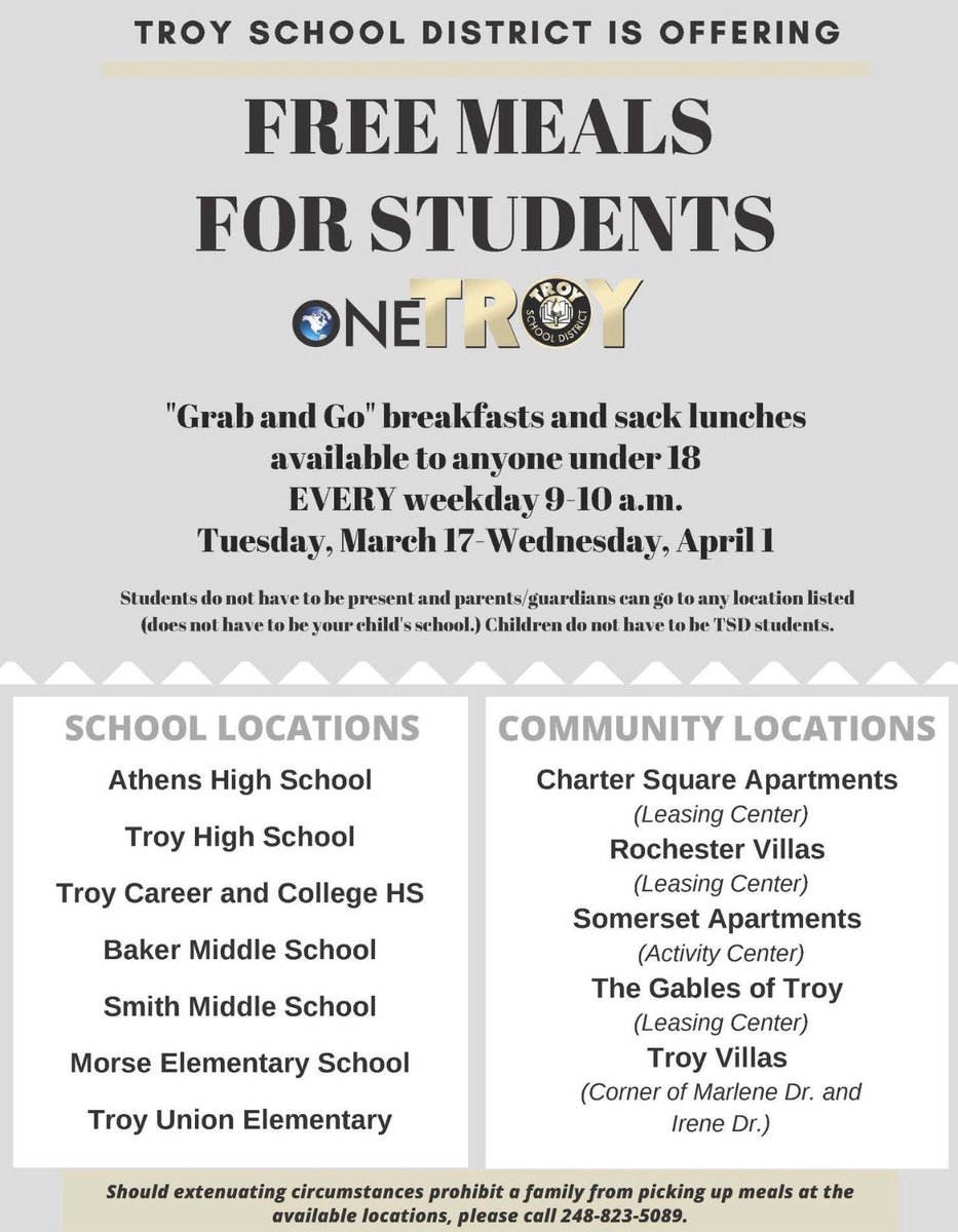 troyschools's tweet photo. Do you or someone you know need help with meals or food for the weekend? Extra breakfasts and sack lunches can be picked up tomorrow. Plus, if you need groceries, visit our “Bridge the Gap” program at Morse from 6-7:30pm Friday night. All are welcome! https://t.co/iOSQmWNamz