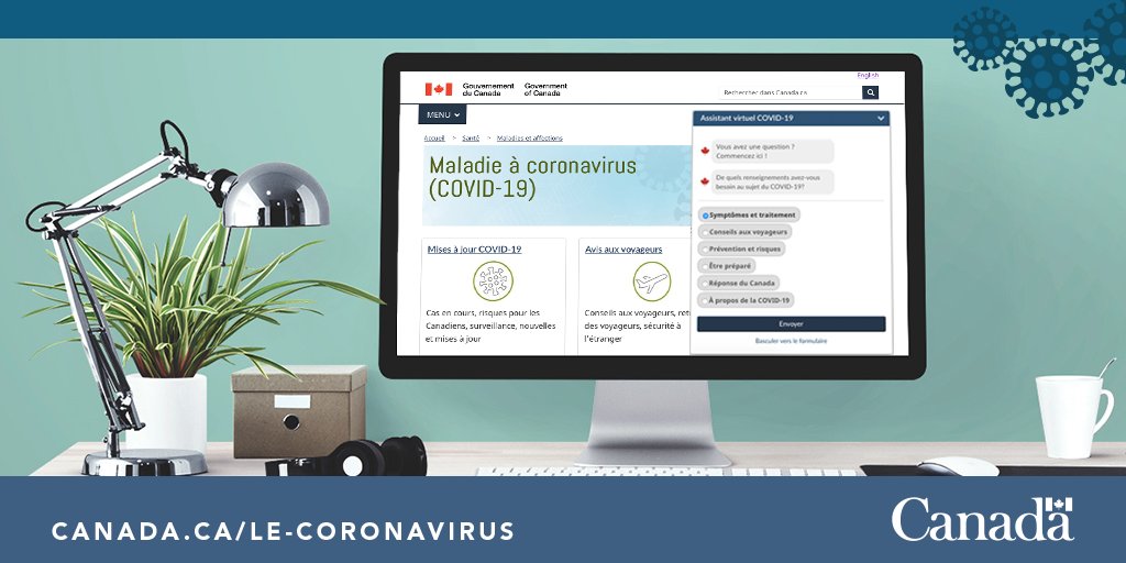 GouvCanSante's tweet photo. Vous avez des questions à propos de la #COVID19? Posez-les à notre assistant virtuel, il pourrait vous aider à trouver ce que vous cherchez. https://t.co/LSKBxpzRnG