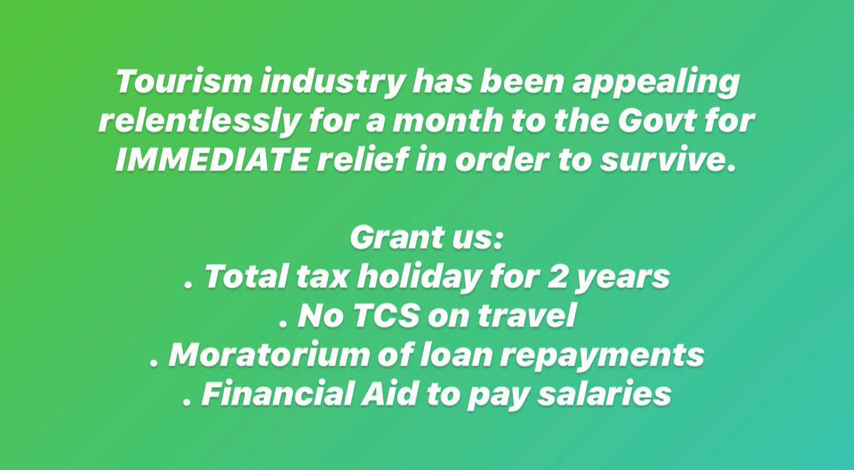 Do not burden the Indian Travel Companies with tax &amp; compliance in such unprecedented and difficult times. #SaveTravelIndustry #NoTCSTax #BailoutTourism <a href="/tourismgoi/">Ministry of Tourism</a> <a href="/nsitharaman/">Nirmala Sitharaman</a> <a href="/Anurag_Office/">Office of Mr. Anurag Thakur</a> <a href="/pspoffice/">Office of Shri Prahlad Singh Patel</a> <a href="/DasShaktikanta/">Shaktikanta Das</a> <a href="/sanjeevsanyal/">Sanjeev Sanyal</a> <a href="/amitabhk87/">Amitabh Kant</a> <a href="/OfficeOfNG/">Office Of Nitin Gadkari</a> <a href="/PiyushGoyal/">Piyush Goyal</a>