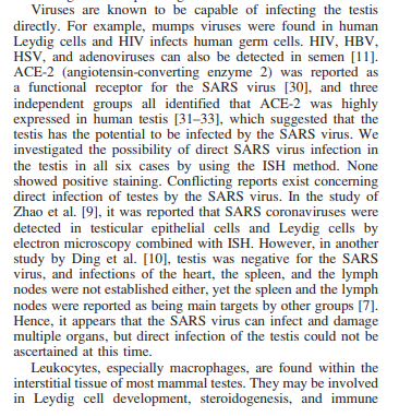 Orchitis (swelling of the testicles): A Complication of (SARS)This 2006 study found SARS infection affected the testes significantly in six patients who died of SARS, in limited sample all had signs of orchitis in the testes which rendered them sterile. https://academic.oup.com/biolreprod/article/74/2/410/2667029