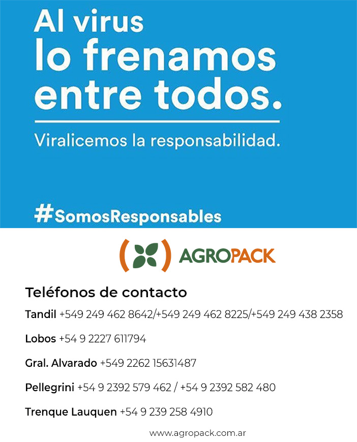 Agropack (@agropack) on Twitter photo Nos sumamos a la #CuarentenaObligatoria trabajando desde casa 🏠
Nuestra atención sera exclusivamente Telefónica/Email/ Whatsapp en los siguientes números de contacto
✉️info@agropack.com.ar
#SomosResponsables #YoMeQuedoEnCasa Nos sumamos a la #CuarentenaObligatoria trabajando desde casa 🏠
Nuestra atención sera exclusivamente Telefónica/Email/ Whatsapp en los siguientes números de contacto
✉️info@agropack.com.ar
#SomosResponsables #YoMeQuedoEnCasa