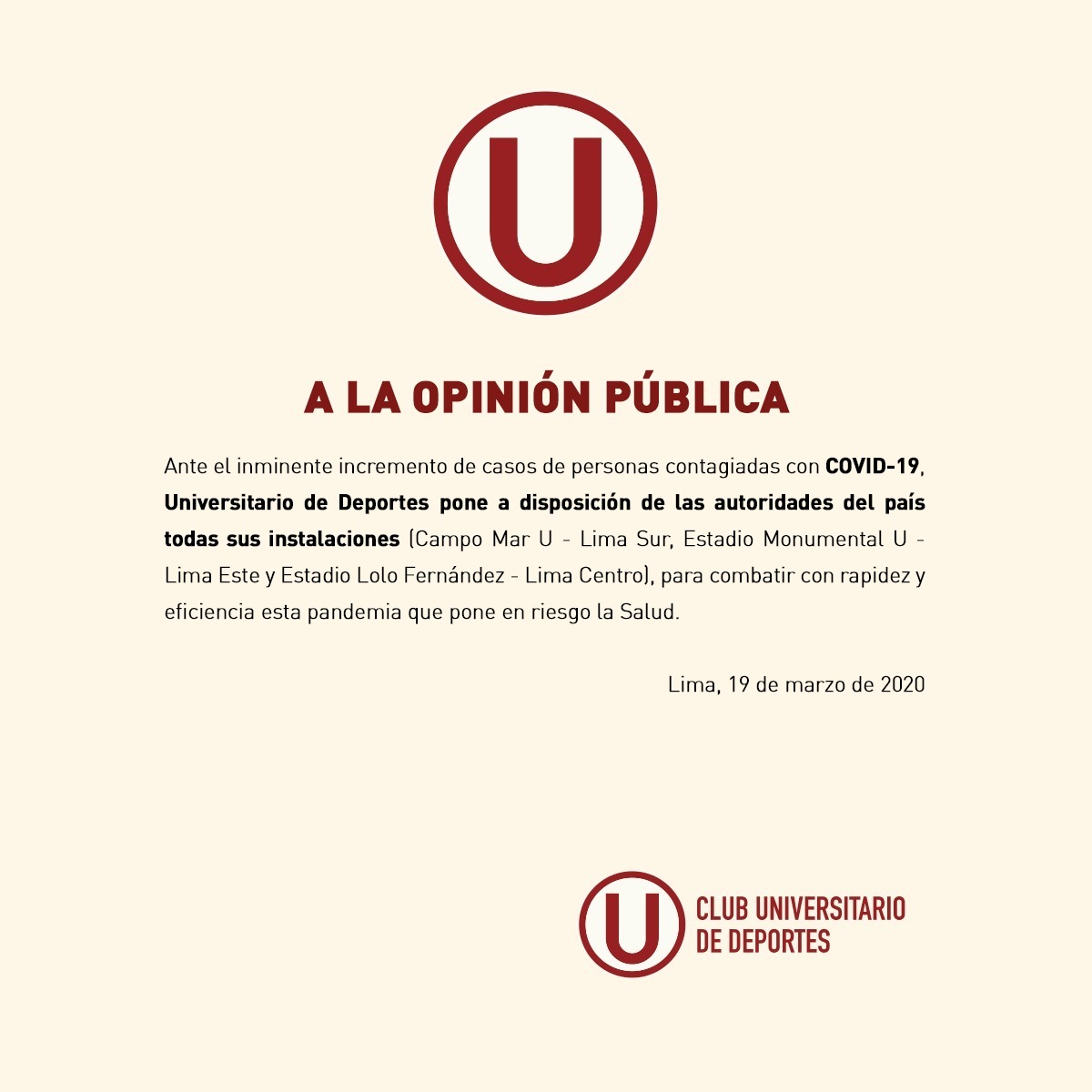 Universitario's tweet photo. #Universitario

➡📝Comunicado Oficial del Club Universitario de Deportes.

#YoMeQuedoEnCasa
#PerúEstáEnNuestrasManos 🇵🇪 https://t.co/Djb3LMZ4hX