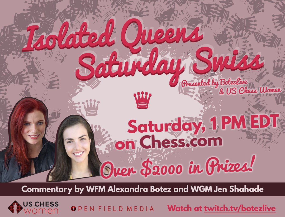 alexandrabotez's tweet photo. This Saturday: open to all ladies, prizes only for streamers. Trying to raise the visibility of female players so that we can get more girls sticking with chess! More diversity will benefit the entire community. Details: https://t.co/6UYgTg20iZ https://t.co/etVbmF4nN8