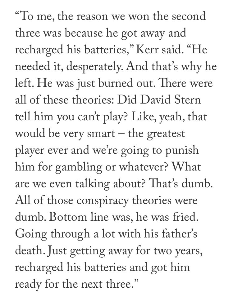 These quotes from  @SteveKerr &  @TheJetOnTNT on why the Bulls would not have won 8-straight if MJ didn’t retire are on point.Thank you  @davidaldridgedc &  @MrMichaelLee for the story. https://theathletic.com/1684191/2020/03/19/im-back-25-years-later-michael-jordans-return-still-electrifies/My take:  https://readjack.wordpress.com/2016/05/19/there-could-never-be-an-8-peat-no-jordan-suspension-why-michael-jordan-needed-baseball/“I’m back”:  https://www.nbcsports.com/chicago/bulls/michael-jordan-im-back-fax-1995-nba