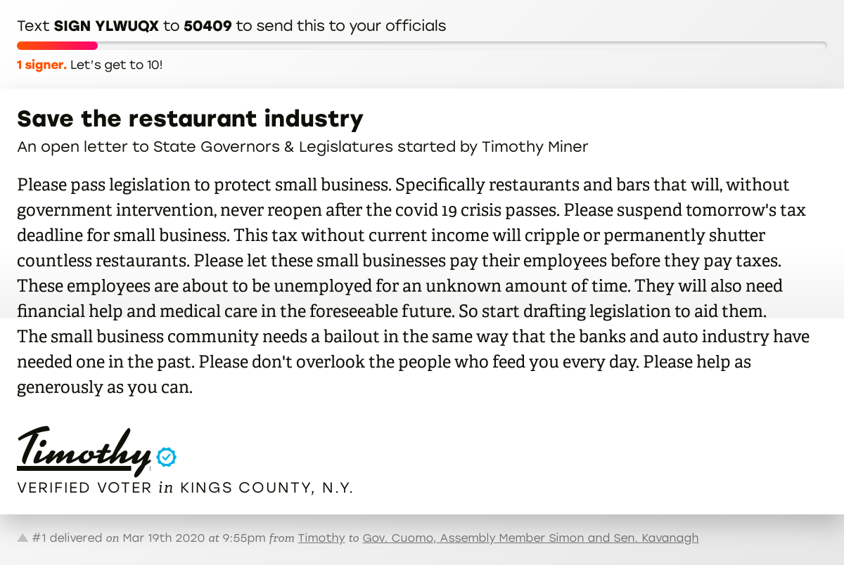 openletterbot's tweet photo. 🖋 Support Timothy by signing “Save the restaurant industry” and I’ll deliver a copy to your officials too: https://t.co/2iCiMZv6Qn

📨 Last delivered to @NYGovCuomo, Assembly Member Simon and Senator Kavanagh  #NYpolitics #NYpol #COVID19 https://t.co/BNgQXdXuYl