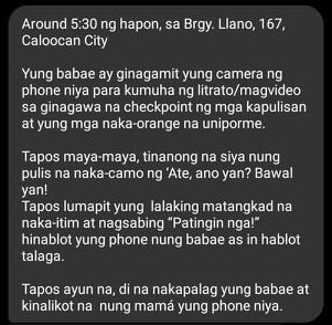 From a concerned citizen: “hinablot yung phone nung babae; di na nakapalag yung babae at kinalikot ng nung mamá yung phone niya.”(1/2)