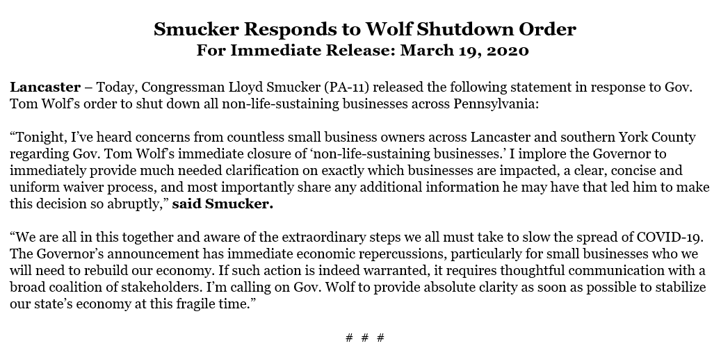 Read my statement below regarding Gov. Wolf's shutdown order for non-life-sustaining businesses.