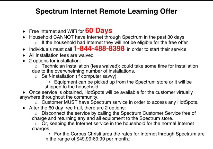 Instructions for free wifi from Spectrum.

We will post instructions tomorrow for logging into Canvas. Which students can do through the Driscoll webpage driscoll.ccisd.us