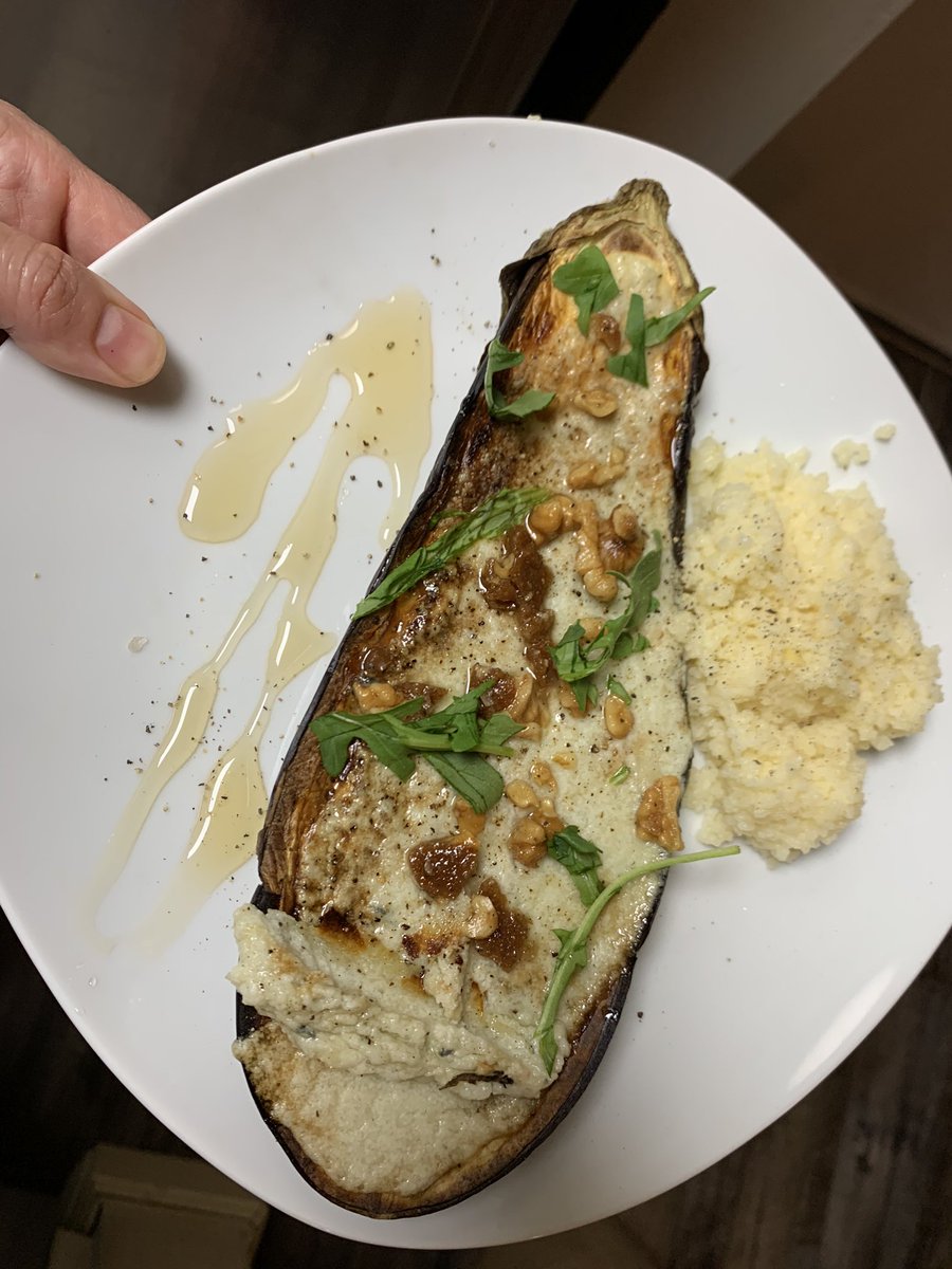 Here’s a pic of roasted eggplant with blue cheese bechamel, caramelized walnuts, honey, lemon couscous, and on the side a lemony Garlicky greens situation. It’s a little bit Morocco, a little bit France.