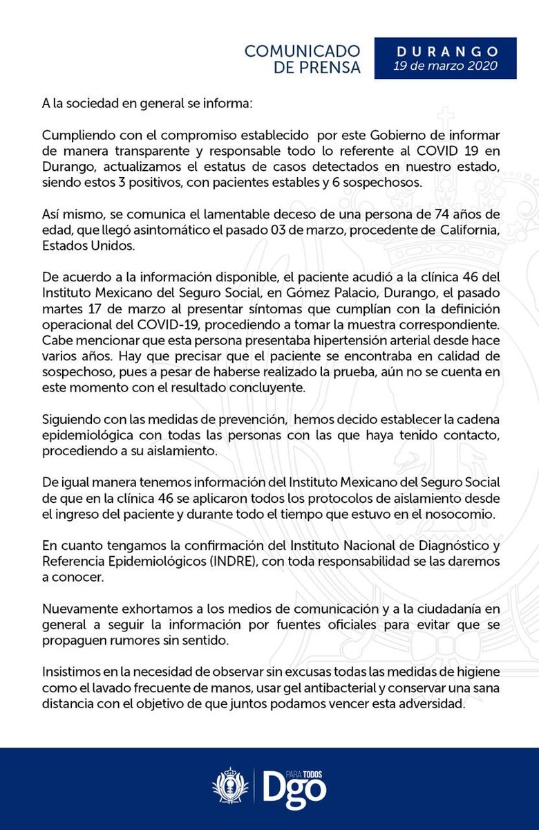 fernandaaq7_'s tweet photo. La @SSDurango confirma fallecimiento de un paciente de 74 años sospechoso de #COVID19mexico. El deceso ocurrió en la Clínica 46 de Gómez Palacio. Aquí el comunicado. Al momento, 3 casos de Coronavirus en Durango y 6 sospechosos. https://t.co/Ai906H1AyN