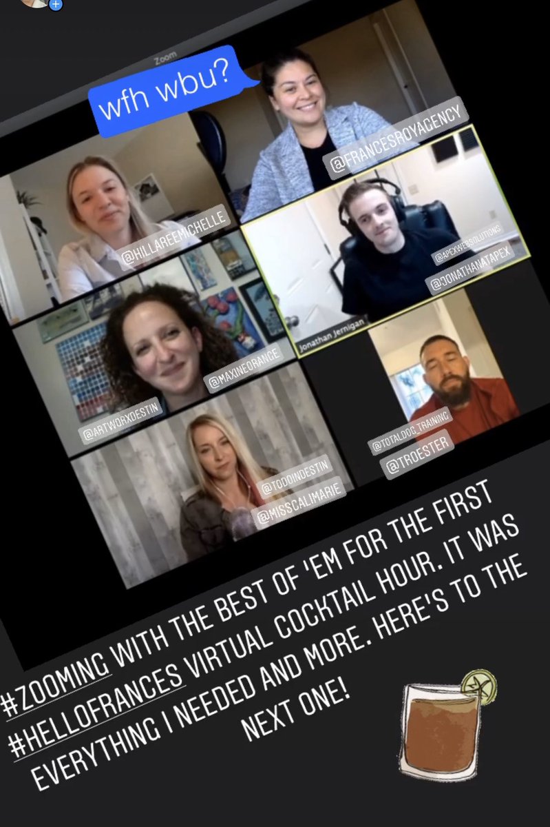 SPDedicke's tweet photo. First #HelloFrances Virtual Cocktail Hour! Want in on the next one? Episode drops on Monday!  #physicaldistancing #socialnetworking #virtualcocktailhour #betterthanemail https://t.co/1wk6jJhITi