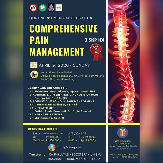 parameterID's tweet image. "COMPREHENSIVE PAIN MANAGEMENT" 
How to join? *HP/PC/Tablet
*Klik Link Berikut: bit.ly/cmepain  When?
Minggu 19 April 2020
07.00 until finish

Where? 
Hall Abdurrachman Wahid
Gedung Pasca Sarjana lt. 7 Univ. Islam Malang
Jl. MT. Haryono 193 Mal… ift.tt/2xWQ5WR