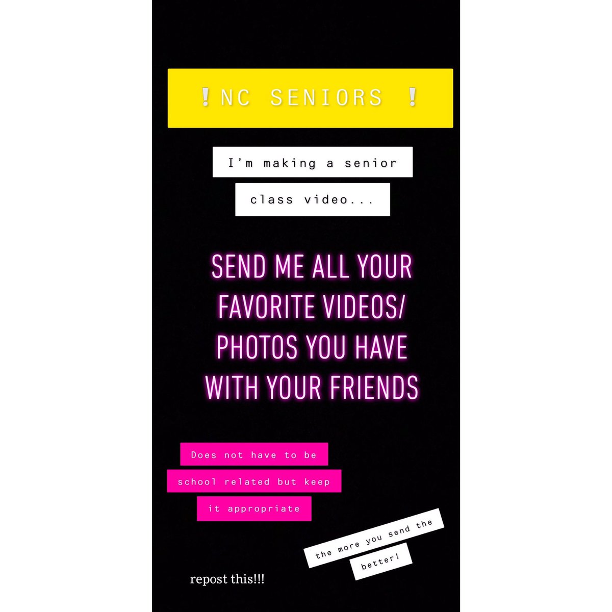 SENIORS!! Send us any vids or pictures you have taken throughout your senior year! We’re making a senior video for you guys 💜 DM them to us!