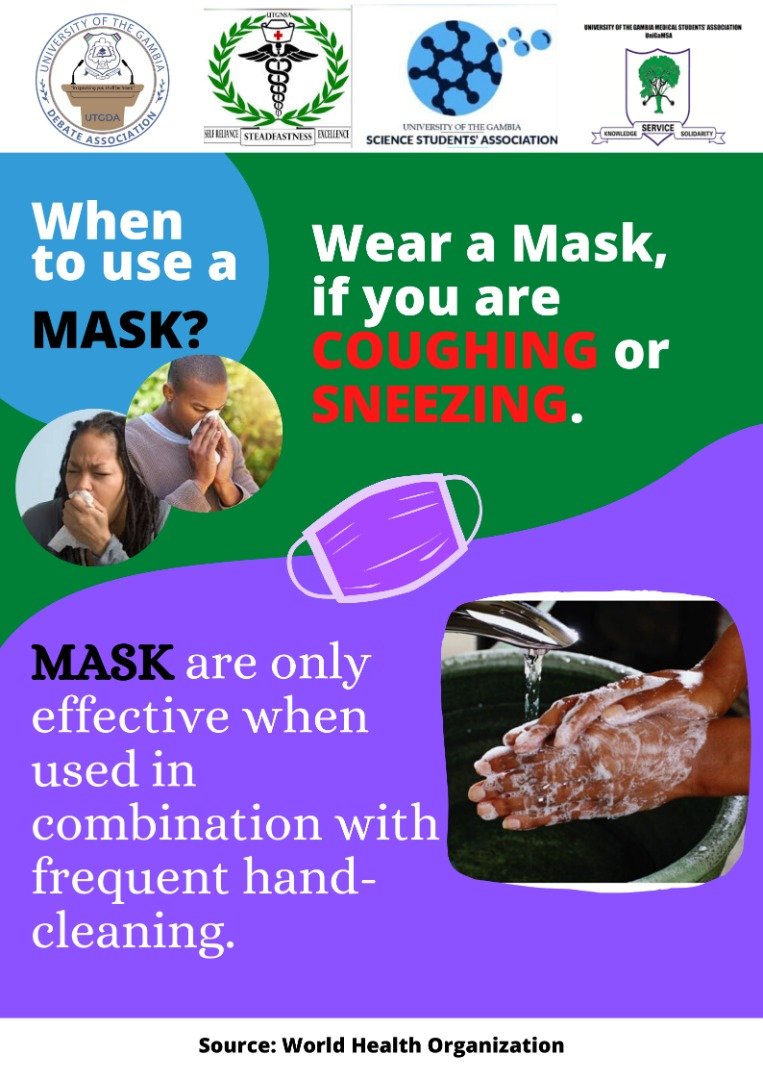 utgssa's tweet photo. Universities around the world are meant to solve societal problems, UTG is no exception. Thus, we owe it to the Gambia to contribute our quota through sensitization to the people with reliable info from @WHO
#Covid19FreeGambia
#WashYourHandsOften
#CoverYourCough
#AvoidCrowds https://t.co/XrIjtyDv9F