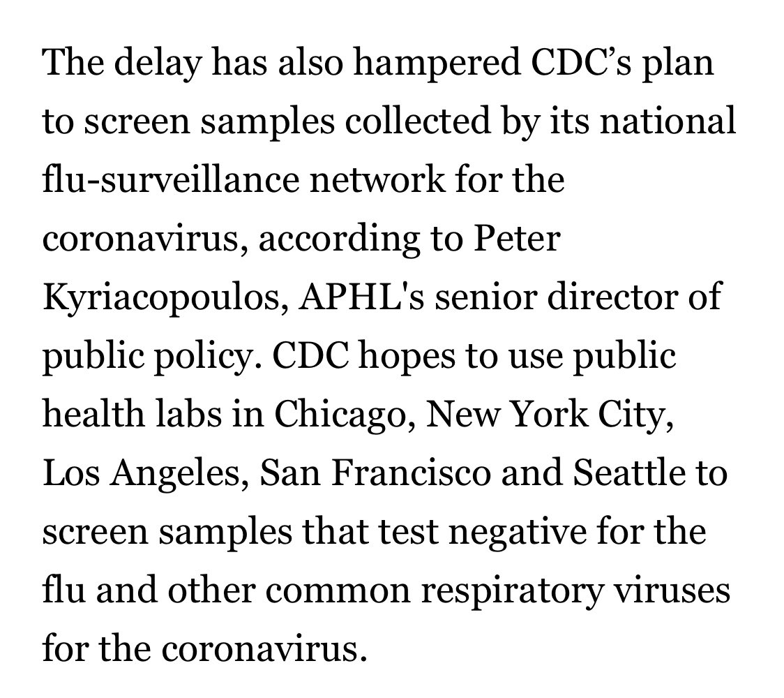 2/20/20: “Problems with a coronavirus test developed by the CDC have delayed the Trump administration's efforts to expand screening to state/local public health labs, more than 2 wks after the FDA granted permission to distribute the CDC test nationwide.”  https://www.politico.com/news/2020/02/20/cdc-coronavirus-116529