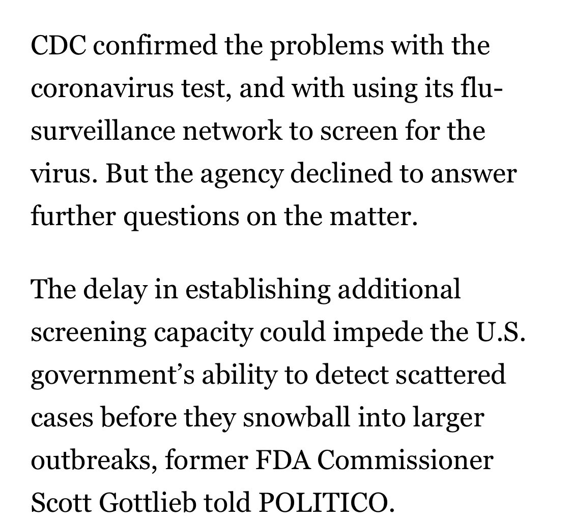 2/20/20: “Problems with a coronavirus test developed by the CDC have delayed the Trump administration's efforts to expand screening to state/local public health labs, more than 2 wks after the FDA granted permission to distribute the CDC test nationwide.”  https://www.politico.com/news/2020/02/20/cdc-coronavirus-116529