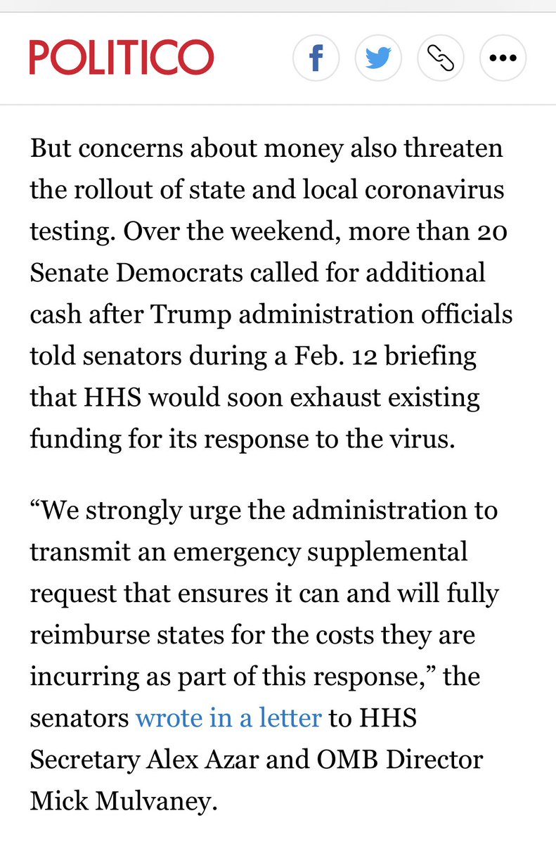 2/20/20: “Problems with a coronavirus test developed by the CDC have delayed the Trump administration's efforts to expand screening to state/local public health labs, more than 2 wks after the FDA granted permission to distribute the CDC test nationwide.”  https://www.politico.com/news/2020/02/20/cdc-coronavirus-116529