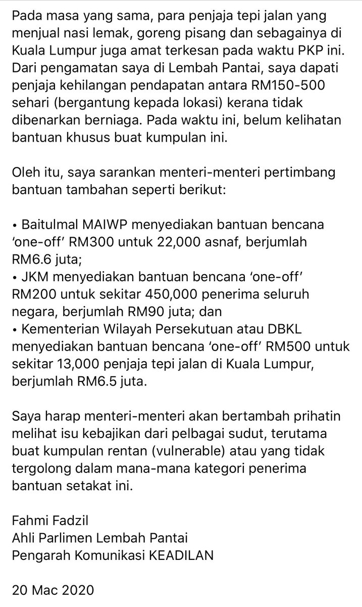 fahmi_fadzil's tweet photo. Kenyataan Media

Pembayaran awal dihargai, tapi bantuan tunai tambahan amat diperlukan

Saranan &amp; cadangan buat @drzul_albakri @RinaMohdHarun @AnnuarMusa 

#COVID19
#KitaJagaKita 
#PerintahKawalanPergerakan 
#DudukRumah https://t.co/JaOeM23JaF
