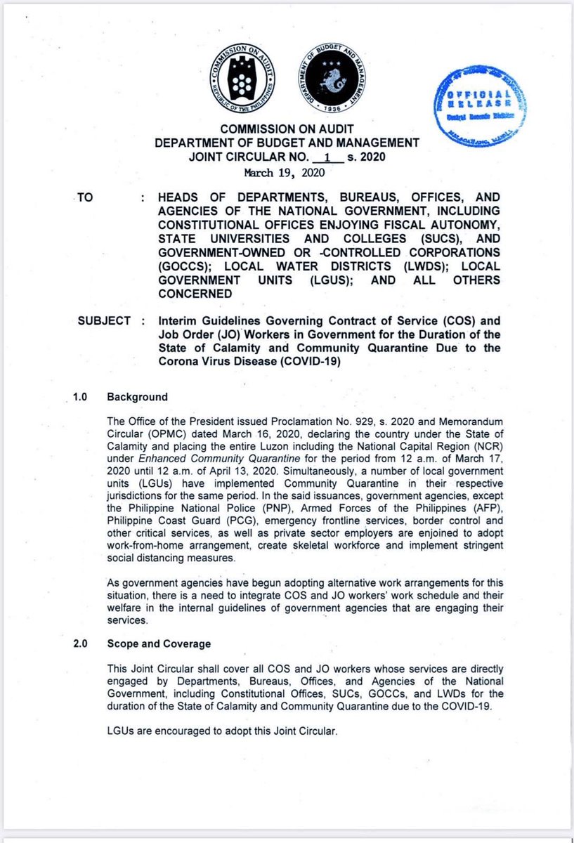 senatorjoelv's tweet image. Narito na po ang hinihintay natin para sa mga JO/COS nating mga kababayan na nangangamba ngayong may crisis. Thank you DBM, CSC at COA 🙏 #LabanPilipinas