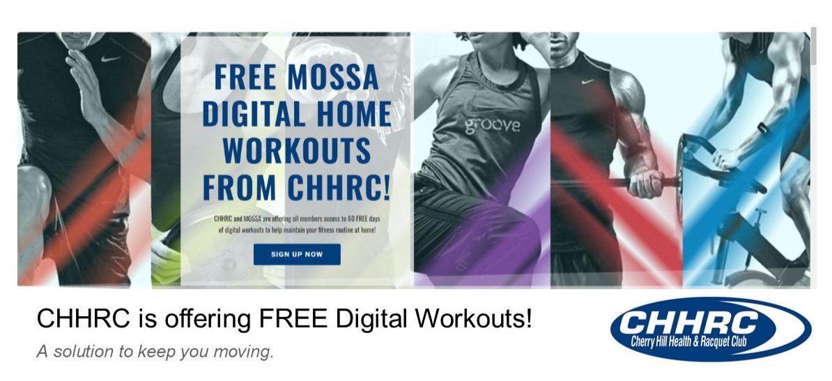 CHHRC and MOSSA are offering all members 60 free days of digital workouts!⁣
⁣
Maintain your fitness routine at home and stay healthy and  #active.
⁣
Visit chhrc.com to sign up now!⁣
⁣
#chhrc #mossa #workoutathome #SocialDistancing2020 #yourfamilyhealthclub
