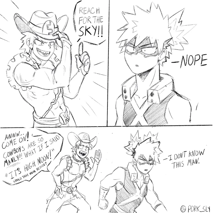 I have a hc that Kirishima loves cowboys. So that darn silly outfit spoke to me. Also Bakugou has to disown Kiri every so often. 