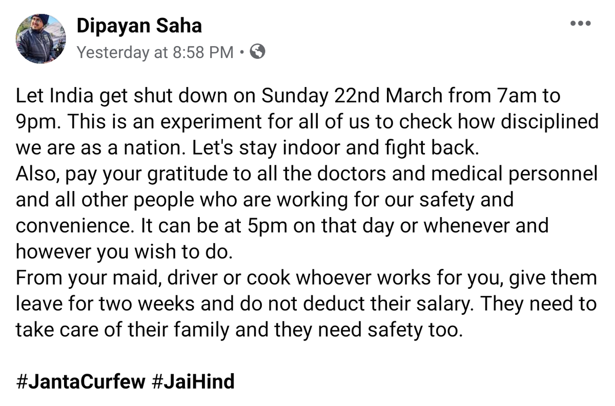 _taniasahu's tweet photo. Well Said !!! Not only I support #JantaCurfew but also feel we must give leave to our maids too for next 2 weeks atleast without deducting their money ✌️✌️✌️
#StaySafe #FightagainstCoronavirus https://t.co/7YcN834qLc