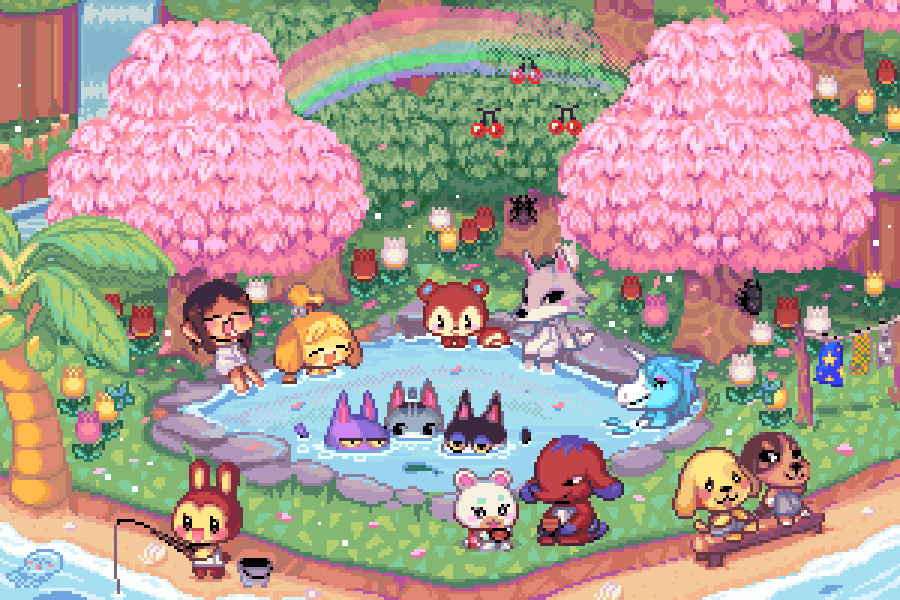 ichigogoooooooo's tweet photo. YEYYYYYYYY TIME TO PLAY &amp; PARTY here's a tiny draw of some villagers (&amp; Isabelle) having a good time in a spring♨️⛲️... for spring 🌸🌷 https://t.co/mJQw7deV3f