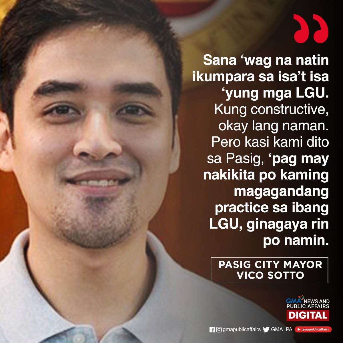 Umapela si Pasig City Mayor Vico Sotto sa publiko na tigilan na ang pagkukumpara sa mga LGU ng bawat lungsod. Ayon kay Sotto, mas makabubuti kung gayahin na lang ang "best practices" ng bawat isa imbes na magkumpara. 

READ: bit.ly/2wliGoa