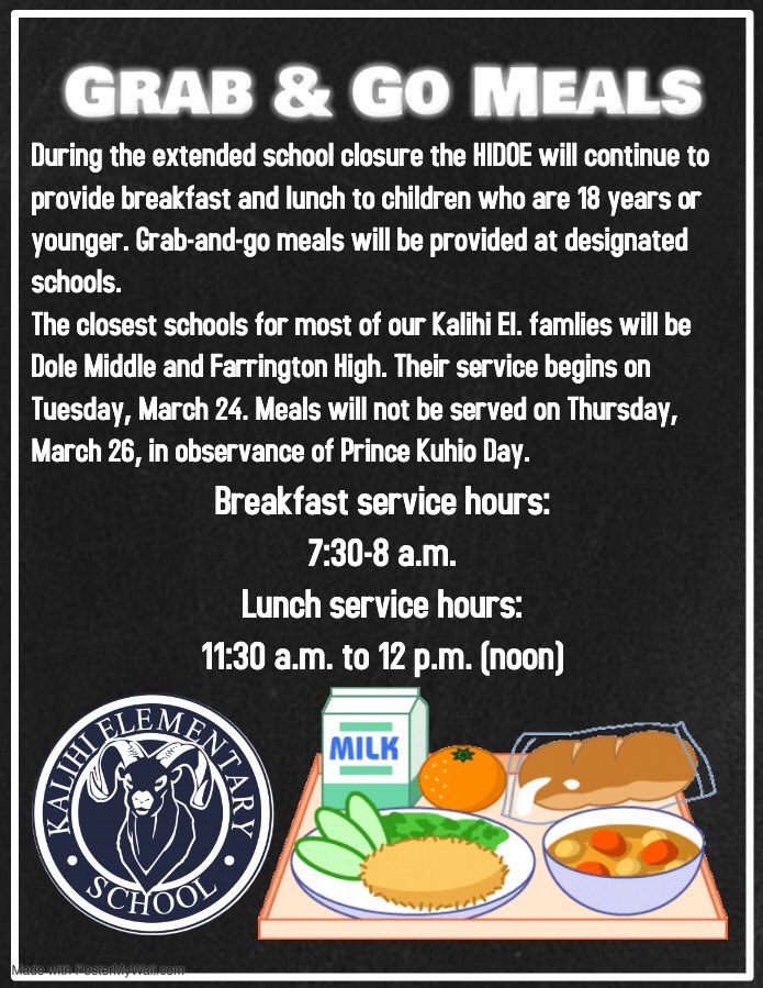 During the extended closure, HIDOE will continue to provide student meals, including providing grab-and-go breakfast and lunch at select schools to children 18 years and under. For all the details please visit hawaiipublicschools.org/DOE%20Forms/Em…