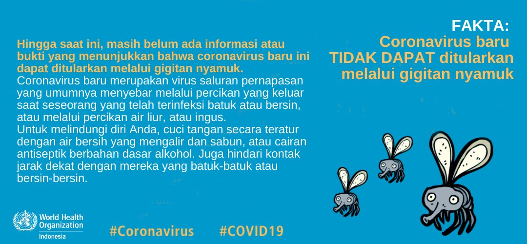 WHOIndonesia's tweet photo. Faktanya: Coronavirus baru tidak dapat ditularkan melalui gigitan nyamuk!

Cek berbagai #MythBusters seputar #COVID19 di https://t.co/K6moHsPTir ya! 🙂 https://t.co/dVCC5rXRHg