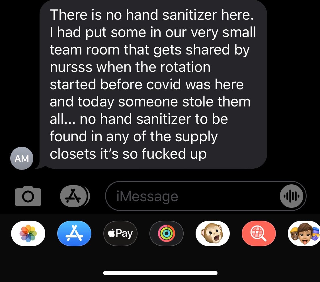 Gaurab's tweet photo. Not talked about: hand sanitizer shortage in healthcare settings. Folks stealing sanitizer from bathrooms and call rooms. Will likely hear about hospitals asking for sanitizer donations in a week or so... https://t.co/1rRt7DEziD