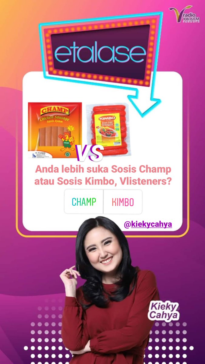 vradiofm's tweet photo. Vlisteners, di jam kedua ini #Etalase bersama @kiekycahya lagi bahas Sosis Champ VS Sosis Kimbo nih. Anda udah pernah coba belum? Anda lebih suka Sosis Champ atau Sosis Kimbo? Dari 1-10 berapa ratenya? Yuk share melalui WA 08.111.22.1066. https://t.co/ndNiEqeSgV