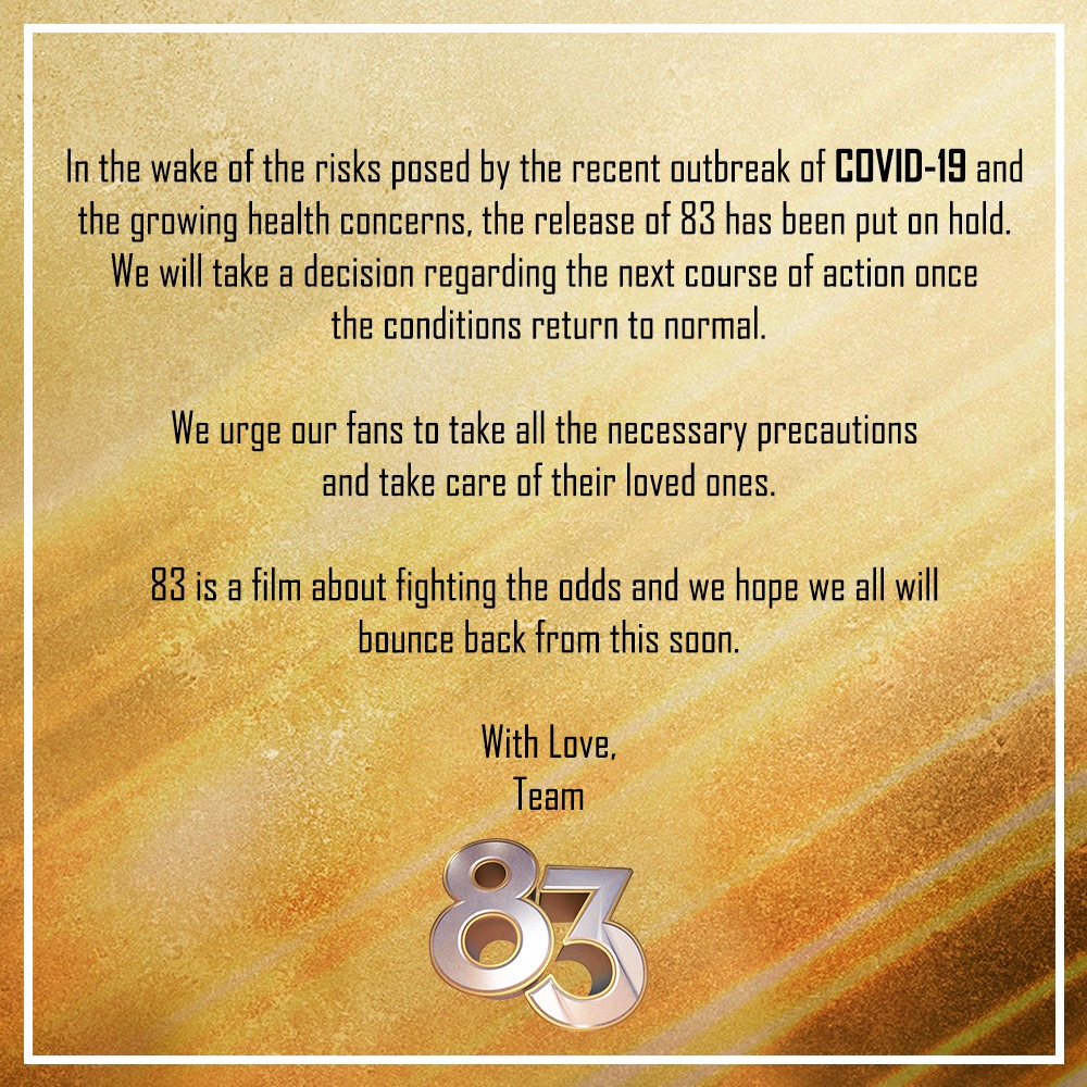 83 is not just our film but the entire nation’s film. But the health and safety of the nation always comes first. Stay safe, take care. We shall be back soon! . @kabirkhankk @deepikapadukone @Shibasishsarkar #SajidNadiadwala @vishinduri @ipritamofficial @RelianceEnt