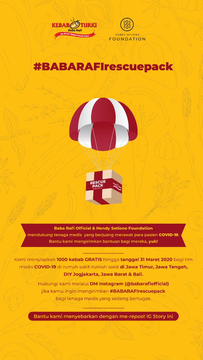 1000 kebab gratis buat tenaga medis COVID-19 yang bertugas.

Please spread this! Siapa tau ada temen/kenalan/keluarga yg jadi tim medis dan butuh makanan di RS.